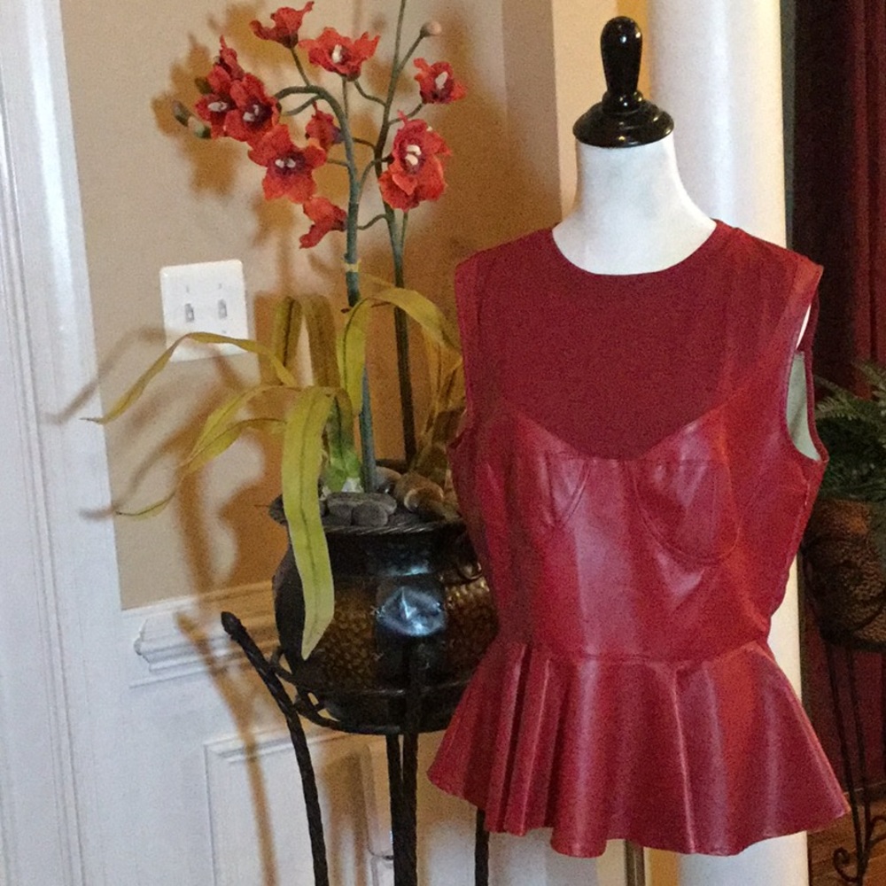 Red Leather Sleeveless Blouse